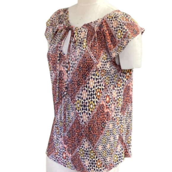 Lauren Conrad Peasant Top Mixed Print Shimmer Micropleated M 64J - Picture 8 of 12